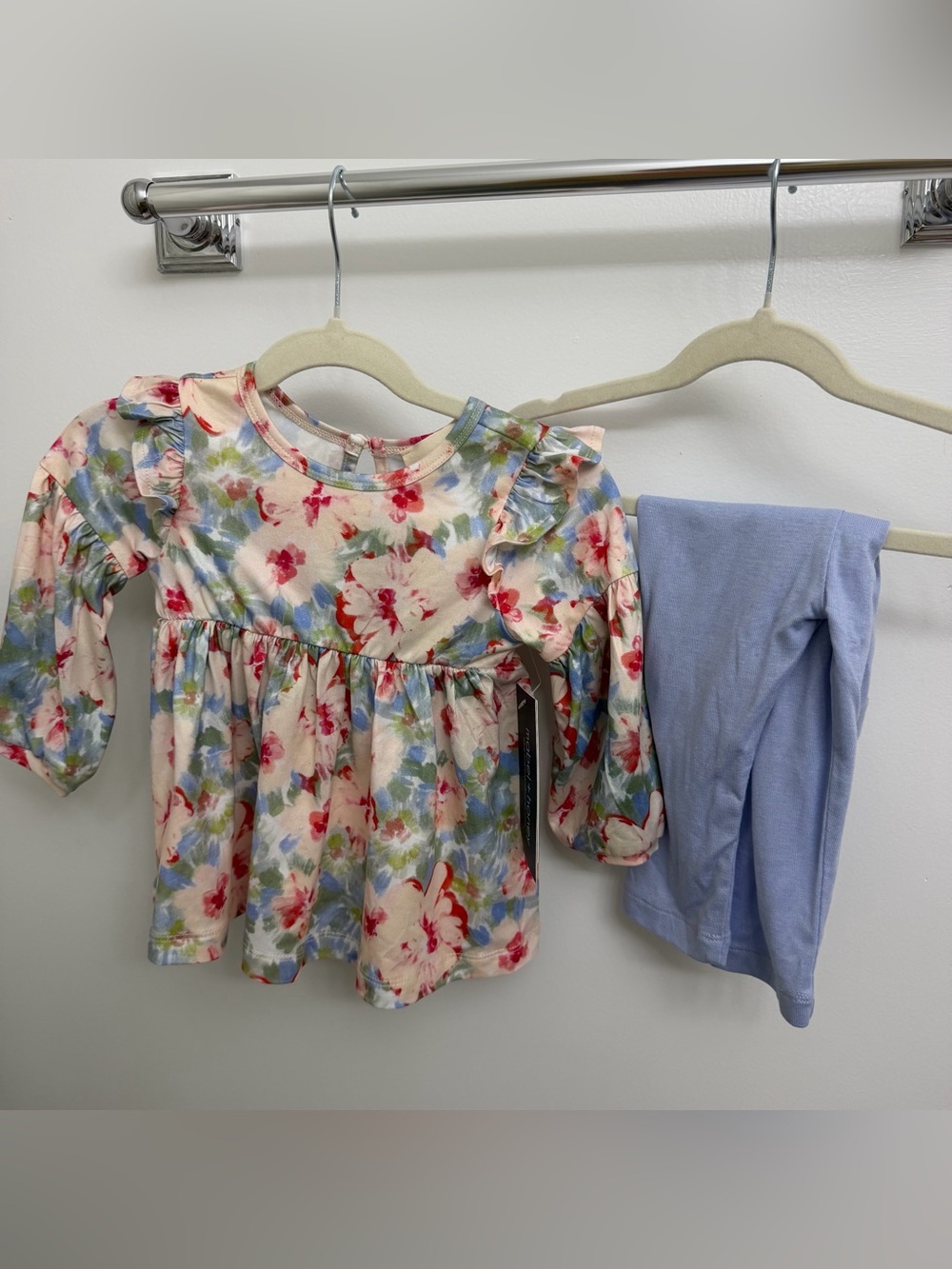 Mabel + Honey | Girls Floral Ruffle Top & Light Blue Leggings Matching Set
